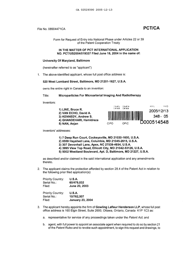 Document de brevet canadien 2529390. Cession 20051213. Image 2 de 3