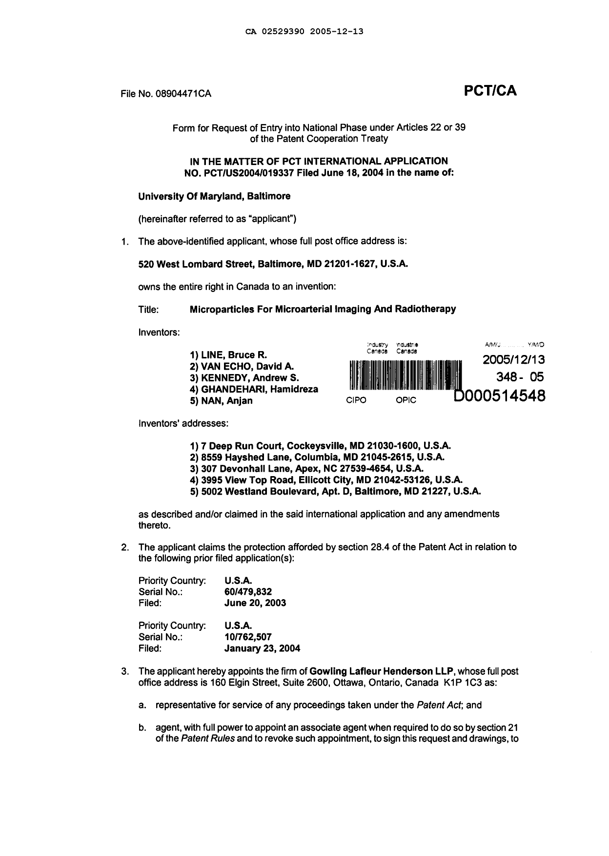 Canadian Patent Document 2529390. Assignment 20051213. Image 2 of 3