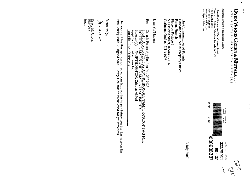Document de brevet canadien 2529423. Correspondance 20070703. Image 1 de 2