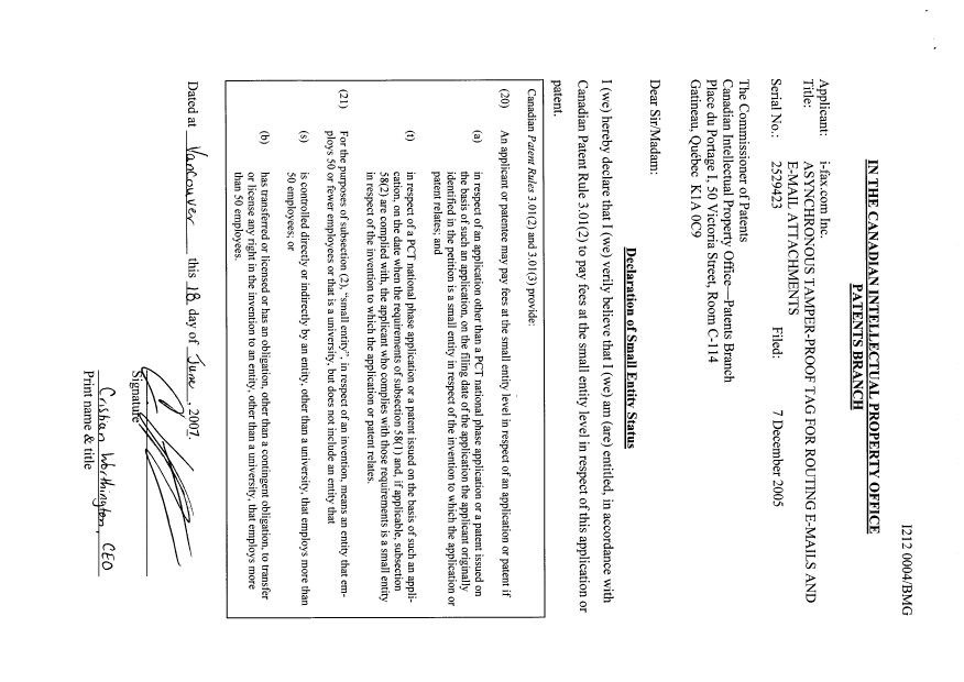 Canadian Patent Document 2529423. Correspondence 20070703. Image 2 of 2