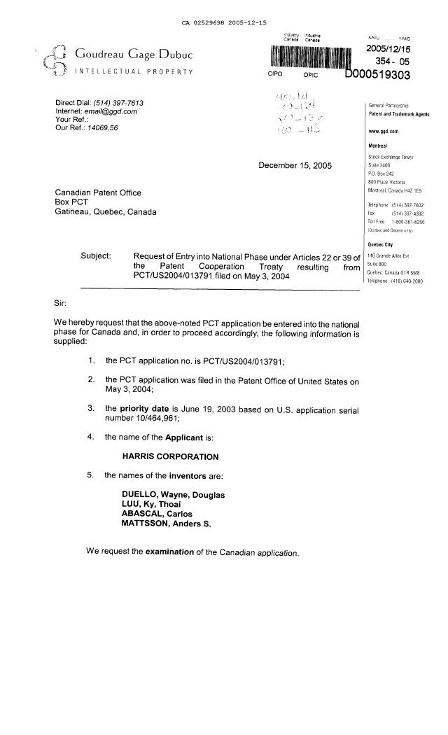 Canadian Patent Document 2529698. Assignment 20051215. Image 1 of 10