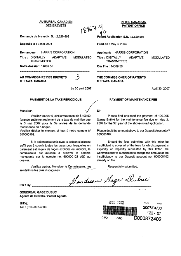 Canadian Patent Document 2529698. Fees 20070430. Image 1 of 1