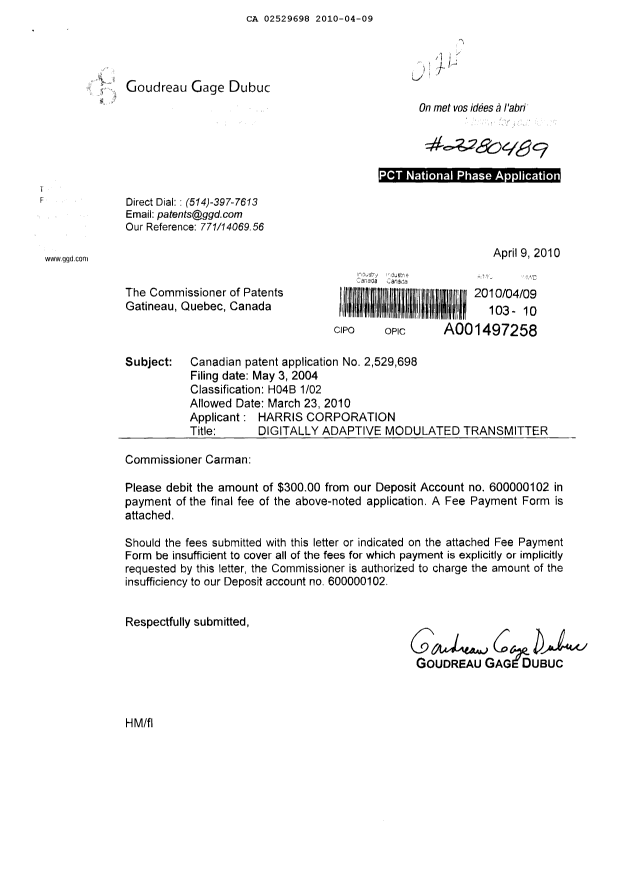 Canadian Patent Document 2529698. Correspondence 20100409. Image 1 of 1