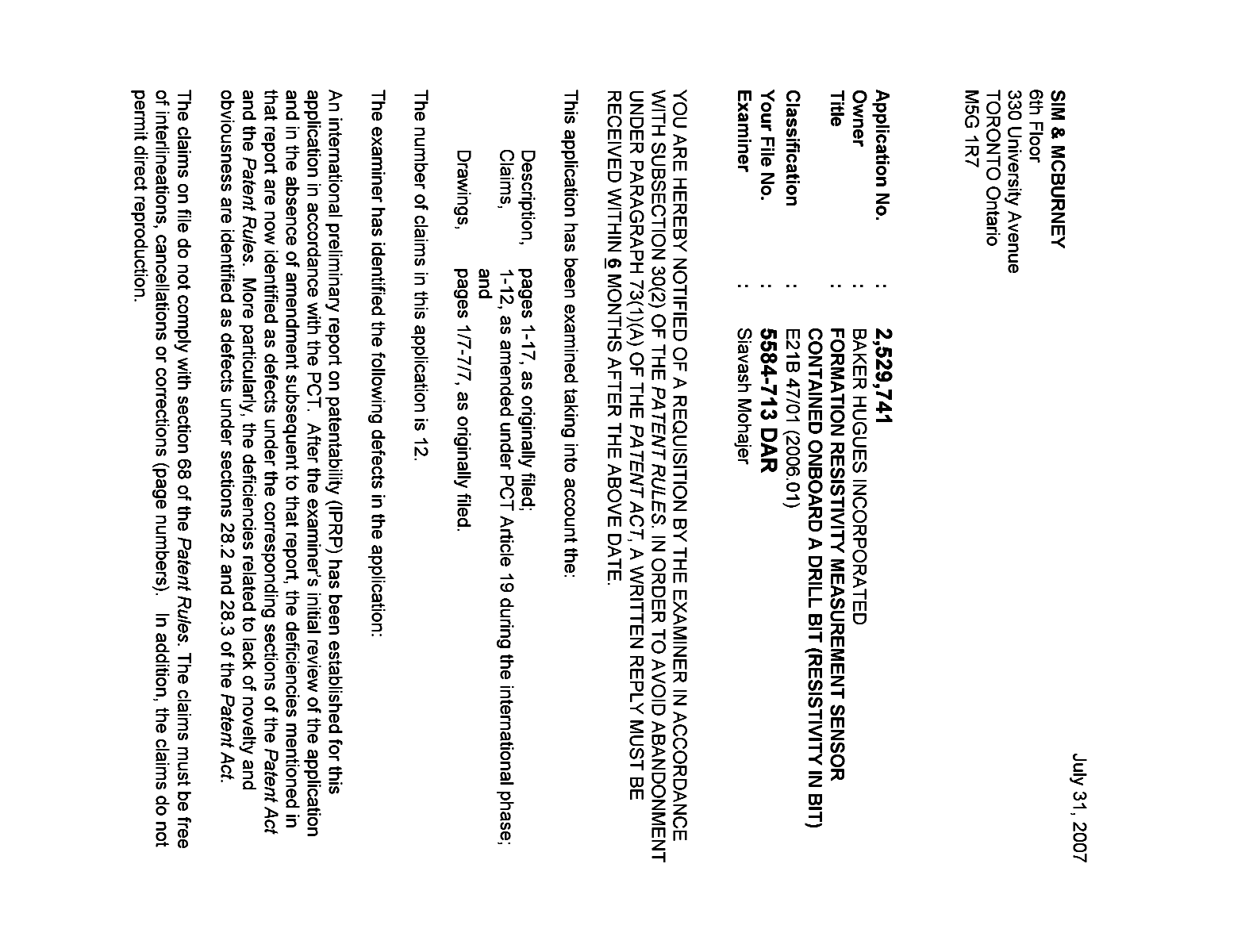 Canadian Patent Document 2529741. Prosecution-Amendment 20070731. Image 1 of 2