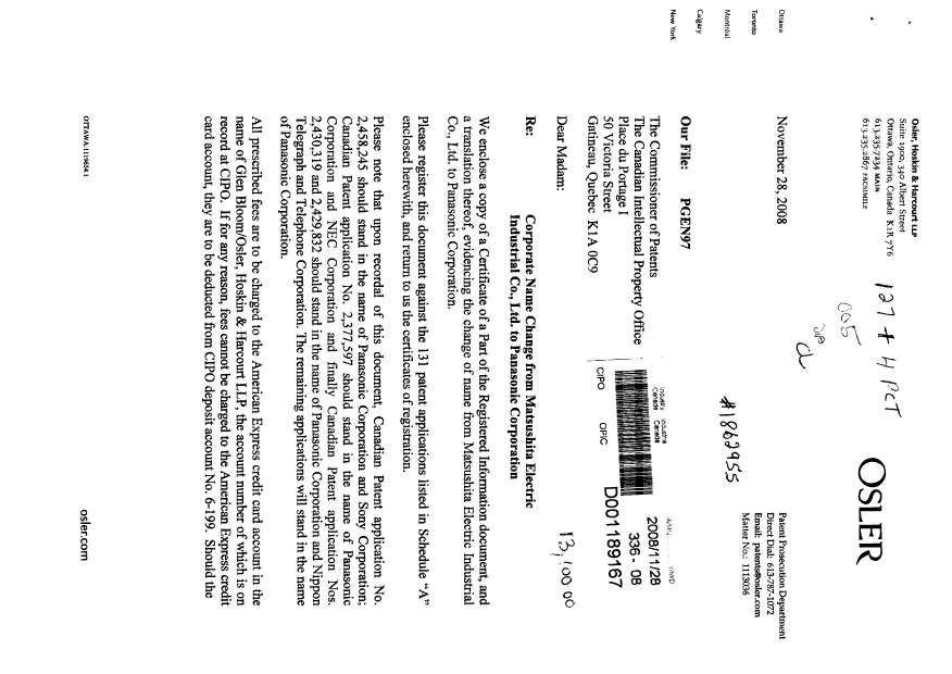 Document de brevet canadien 2529851. Cession 20081128. Image 1 de 5