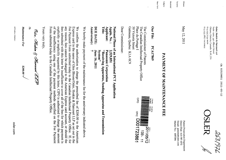 Document de brevet canadien 2529851. Taxes 20110512. Image 1 de 1