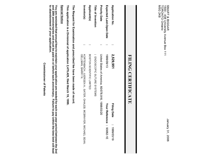 Document de brevet canadien 2529951. Correspondance 20060126. Image 1 de 1