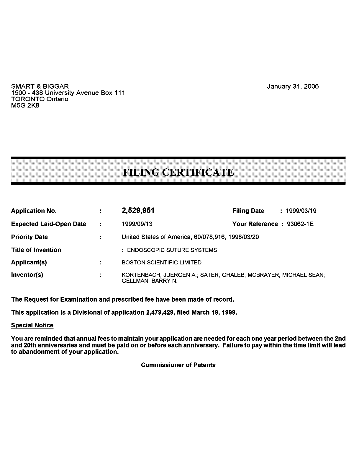 Document de brevet canadien 2529951. Correspondance 20060126. Image 1 de 1