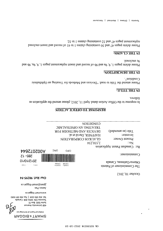 Canadian Patent Document 2530234. Prosecution-Amendment 20111210. Image 1 of 29