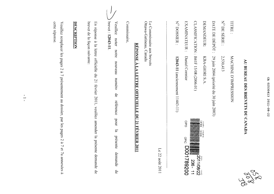Document de brevet canadien 2530413. Correspondance 20110822. Image 1 de 4