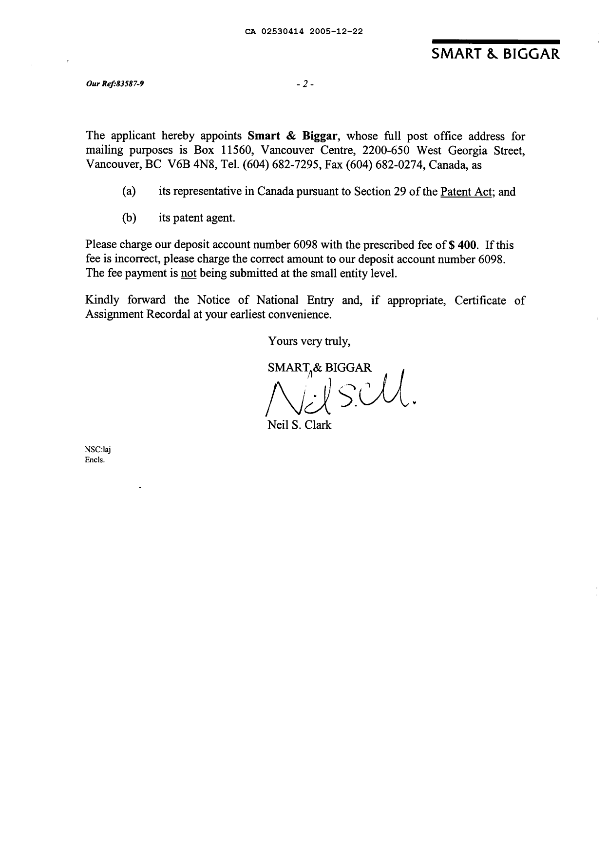 Document de brevet canadien 2530414. Cession 20051222. Image 2 de 4