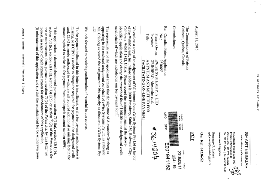 Document de brevet canadien 2530653. Cession 20141211. Image 1 de 8