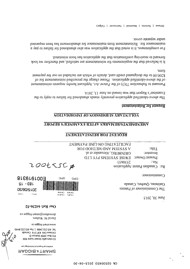 Canadian Patent Document 2530653. Prosecution-Amendment 20141230. Image 1 of 13