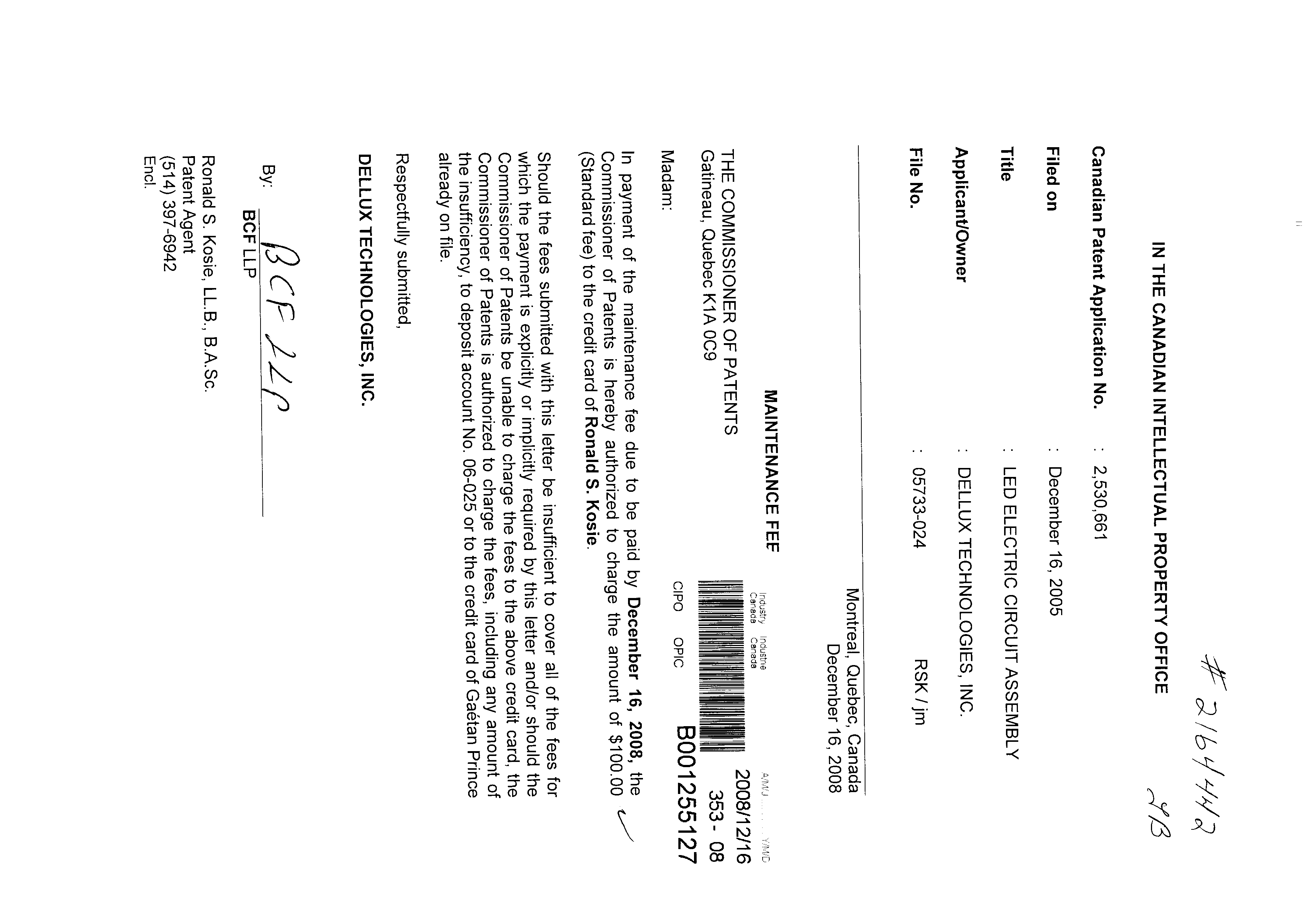 Document de brevet canadien 2530661. Taxes 20081216. Image 1 de 1