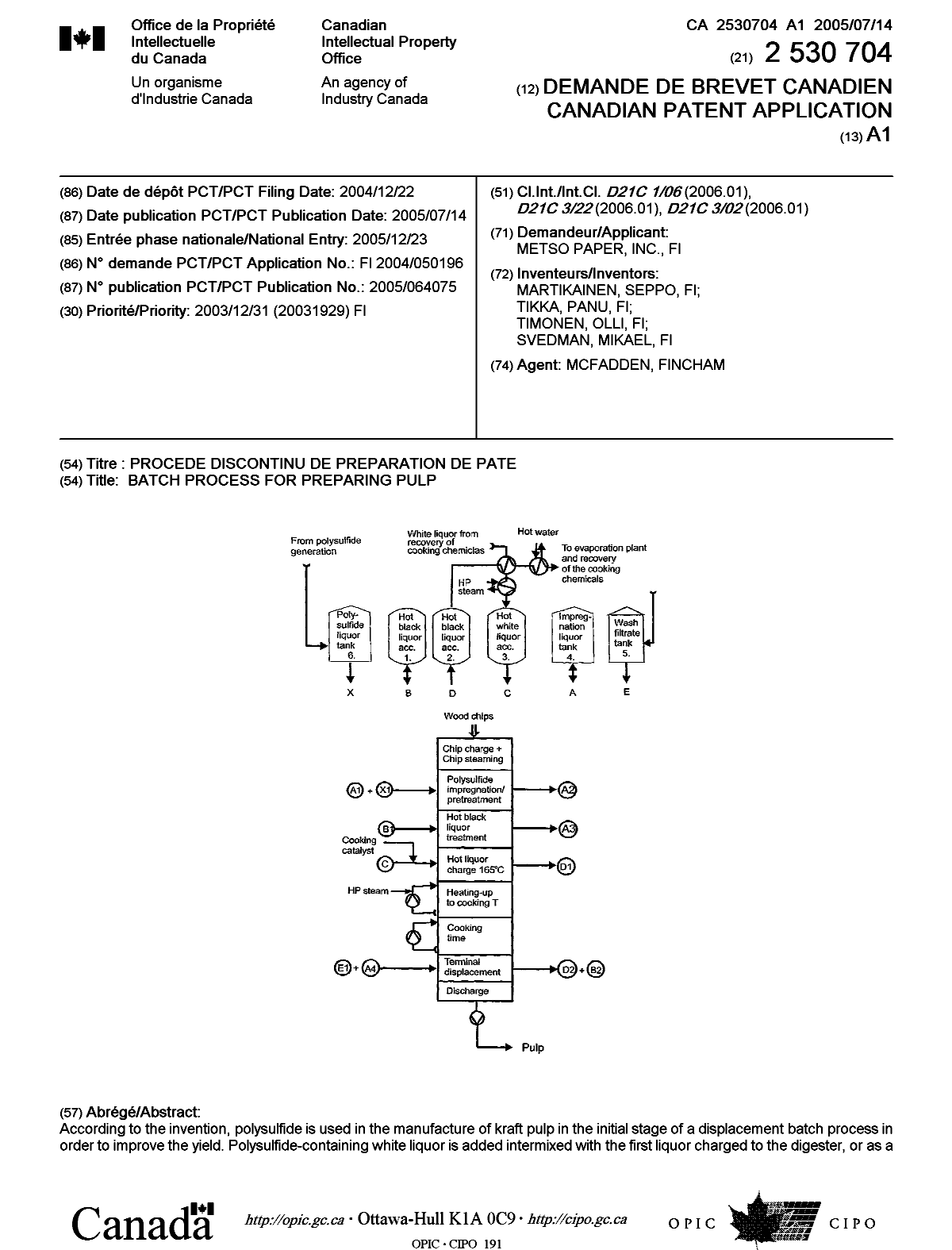 Document de brevet canadien 2530704. Page couverture 20051201. Image 1 de 2