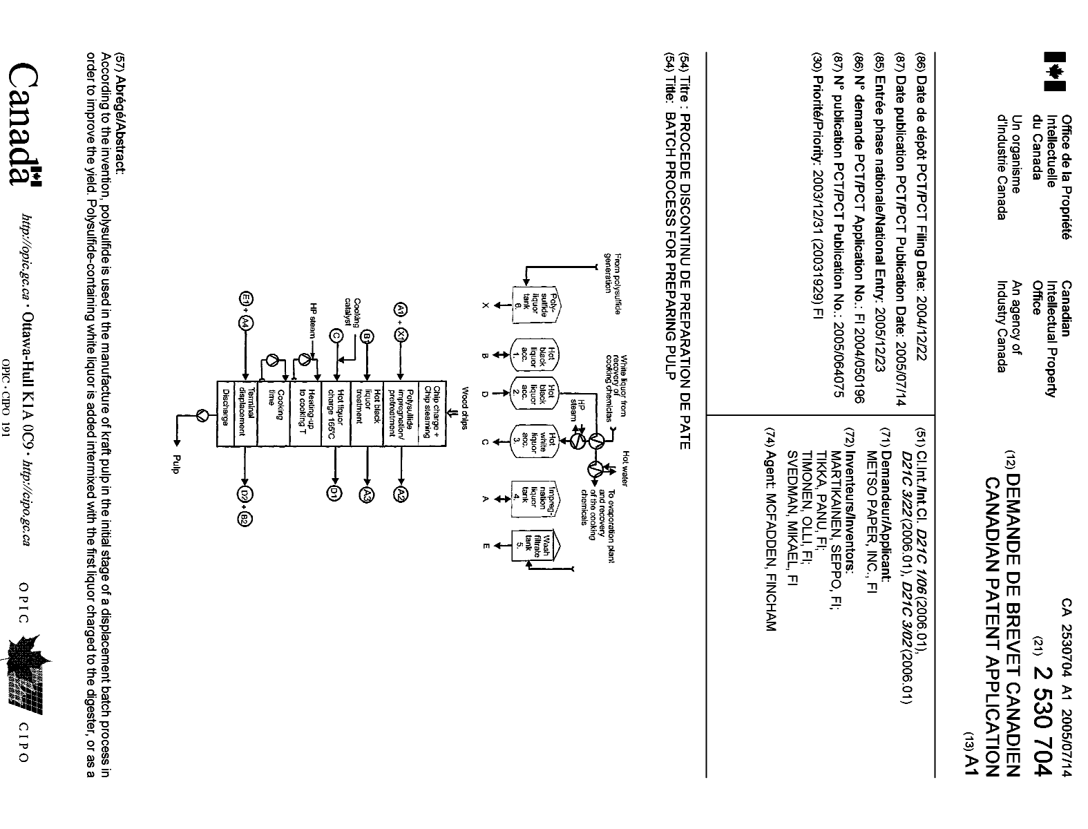 Canadian Patent Document 2530704. Cover Page 20051201. Image 1 of 2