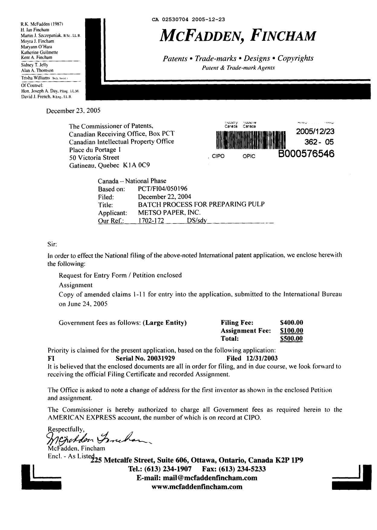 Document de brevet canadien 2530704. Cession 20051223. Image 1 de 3