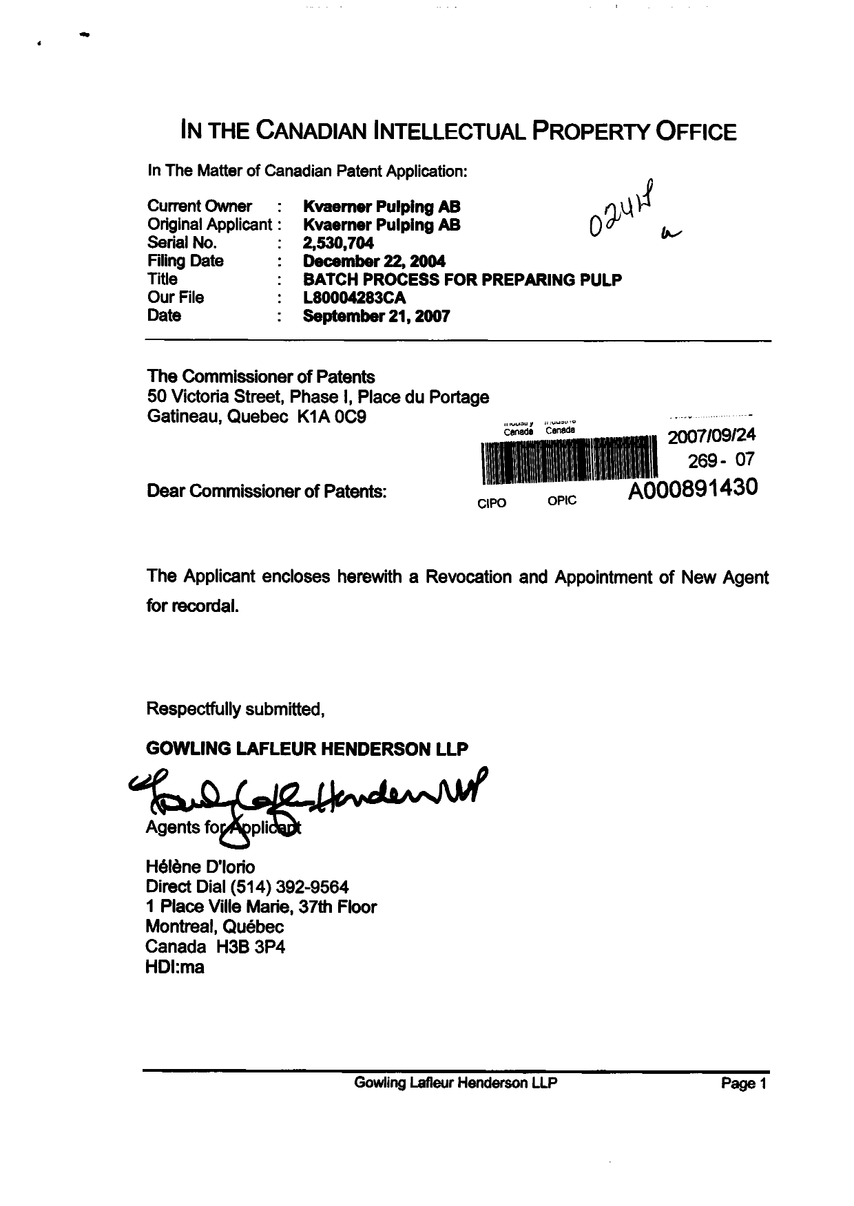 Document de brevet canadien 2530704. Correspondance 20061224. Image 1 de 3