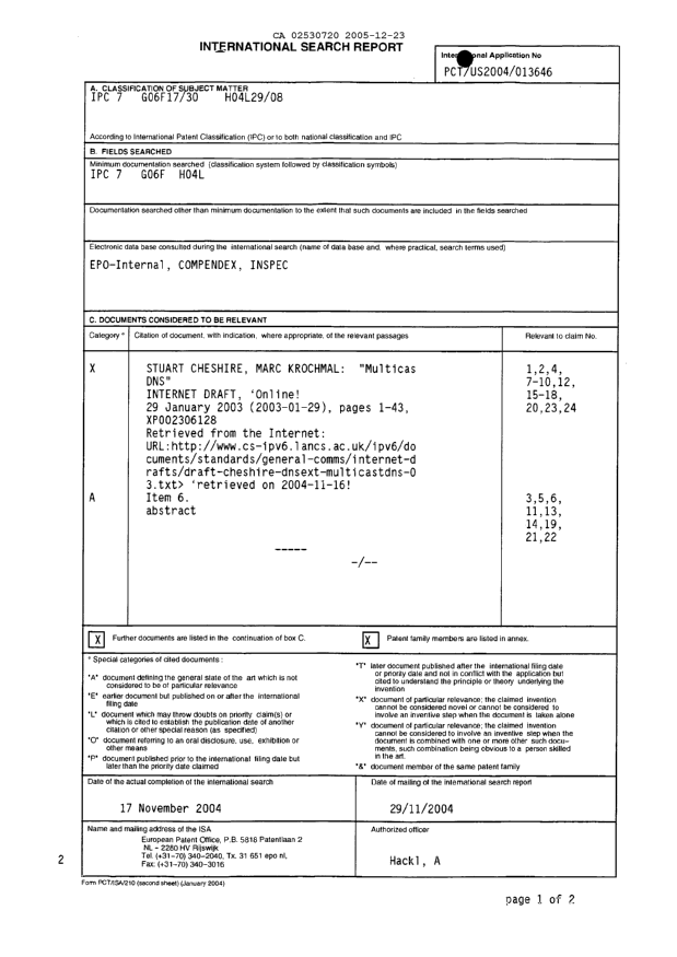 Canadian Patent Document 2530720. PCT 20051223. Image 1 of 3