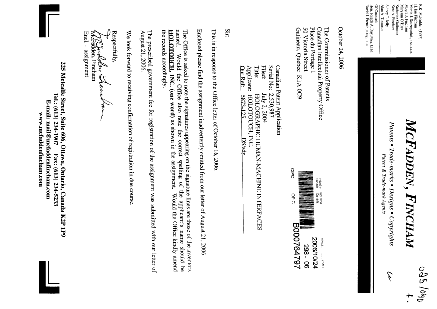 Canadian Patent Document 2530987. Correspondence 20061024. Image 1 of 1