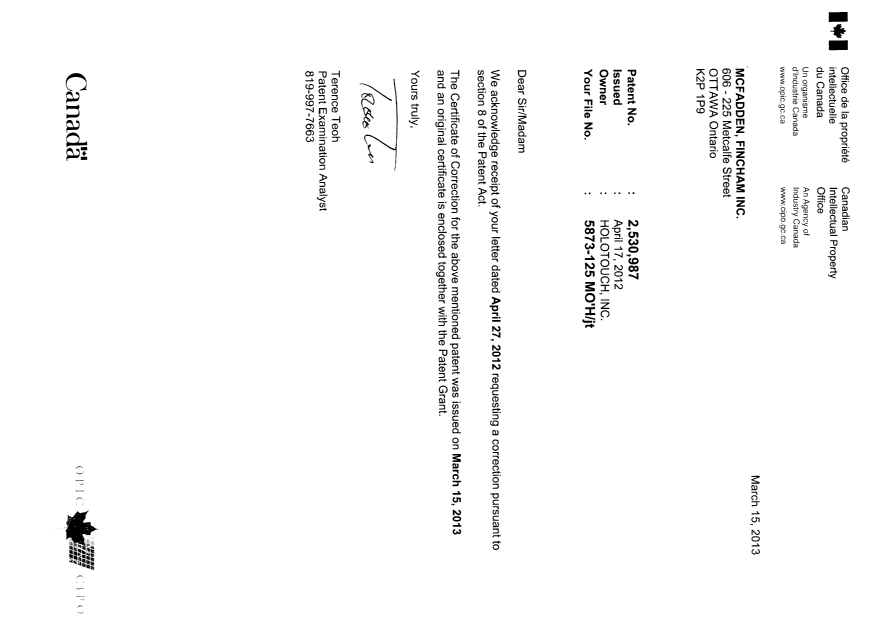 Canadian Patent Document 2530987. Prosecution-Amendment 20121215. Image 1 of 2