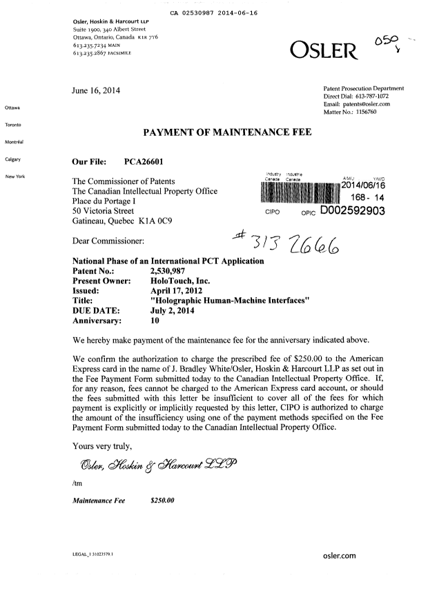 Document de brevet canadien 2530987. Taxes 20140616. Image 1 de 1