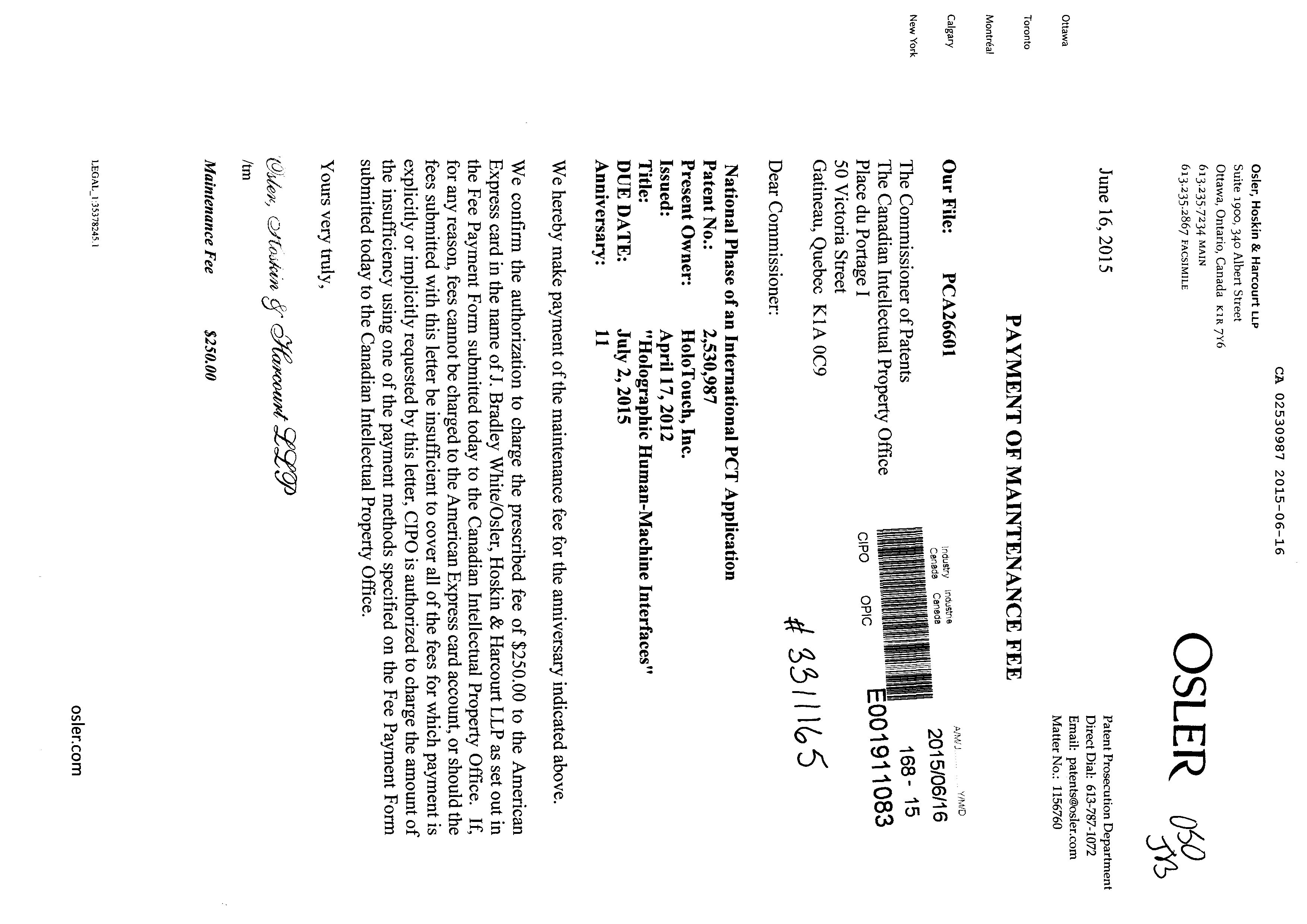 Canadian Patent Document 2530987. Fees 20141216. Image 1 of 1