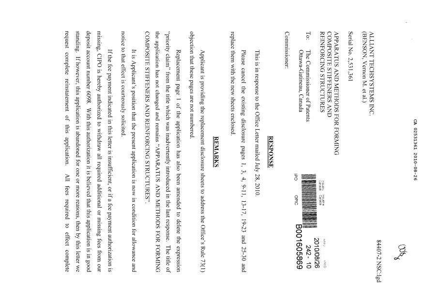 Document de brevet canadien 2531361. Poursuite-Amendment 20100826. Image 1 de 24