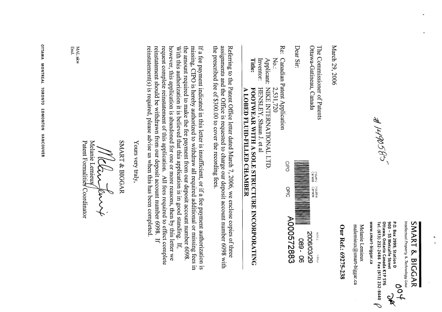 Document de brevet canadien 2531720. Cession 20060329. Image 1 de 16