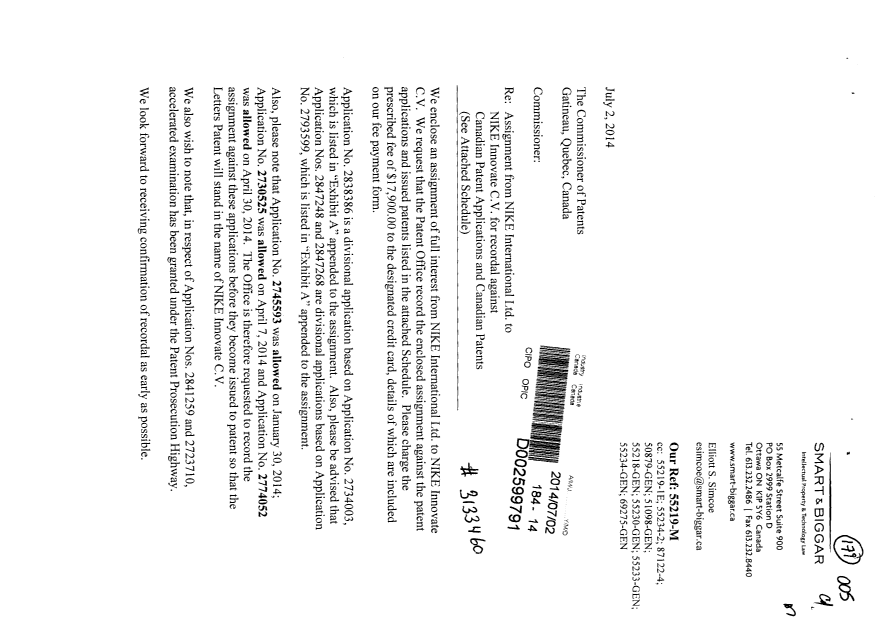 Document de brevet canadien 2531720. Cession 20140702. Image 1 de 20