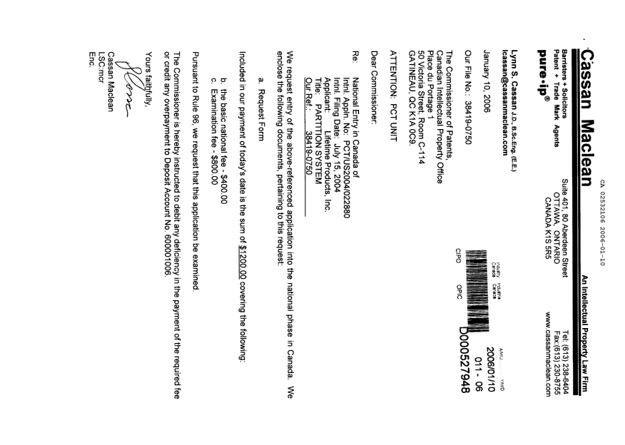 Document de brevet canadien 2532106. Cession 20060110. Image 1 de 3