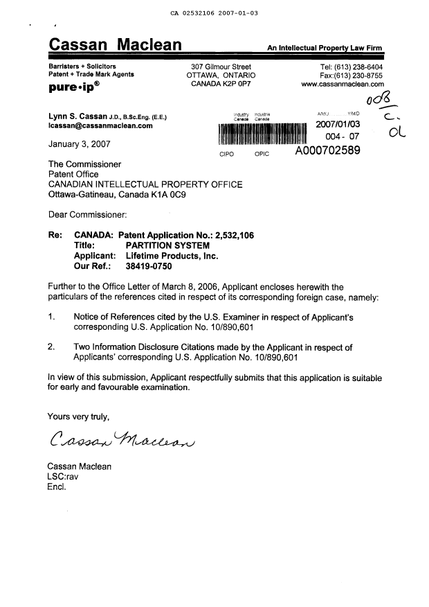 Canadian Patent Document 2532106. Prosecution-Amendment 20070103. Image 1 of 1