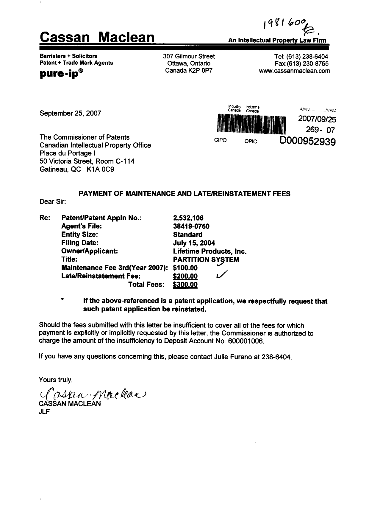 Document de brevet canadien 2532106. Taxes 20070925. Image 1 de 1
