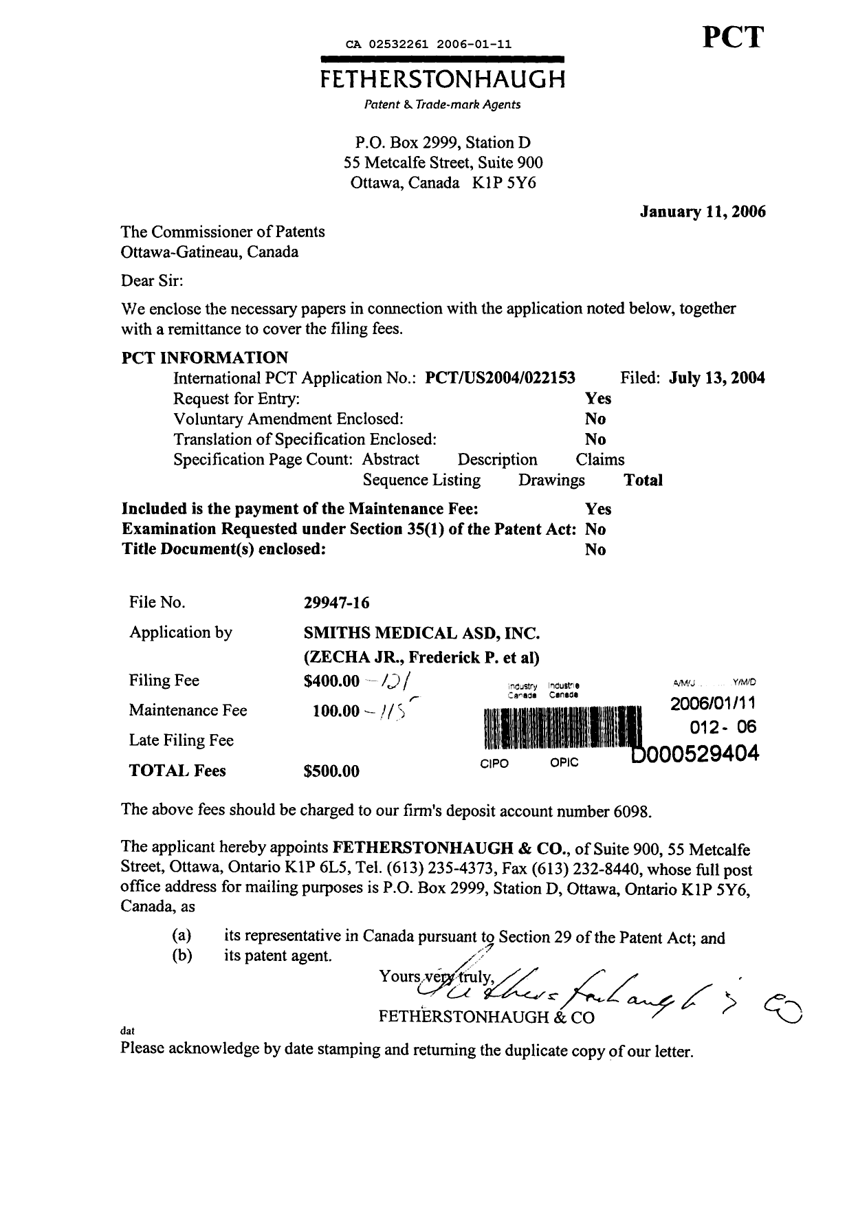 Document de brevet canadien 2532261. Cession 20060111. Image 1 de 2