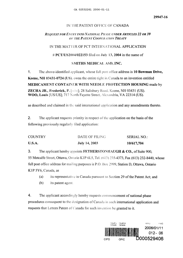 Document de brevet canadien 2532261. Cession 20060111. Image 2 de 2