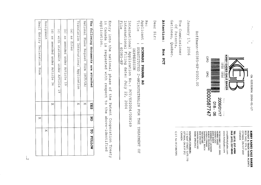 Document de brevet canadien 2532804. Cession 20060117. Image 1 de 4