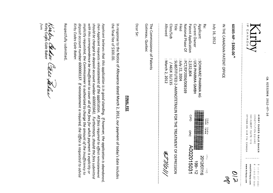 Document de brevet canadien 2532804. Correspondance 20120716. Image 1 de 1