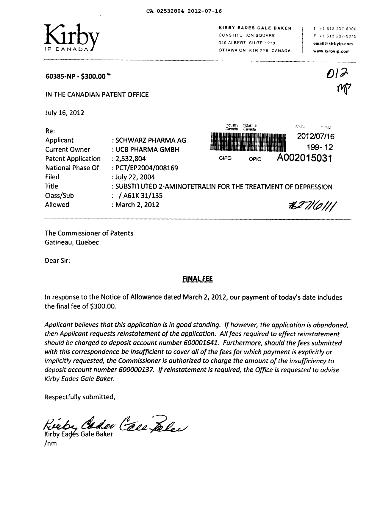 Canadian Patent Document 2532804. Correspondence 20120716. Image 1 of 1