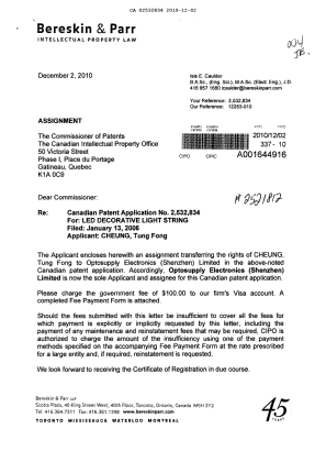 Document de brevet canadien 2532834. Cession 20101202. Image 1 de 3