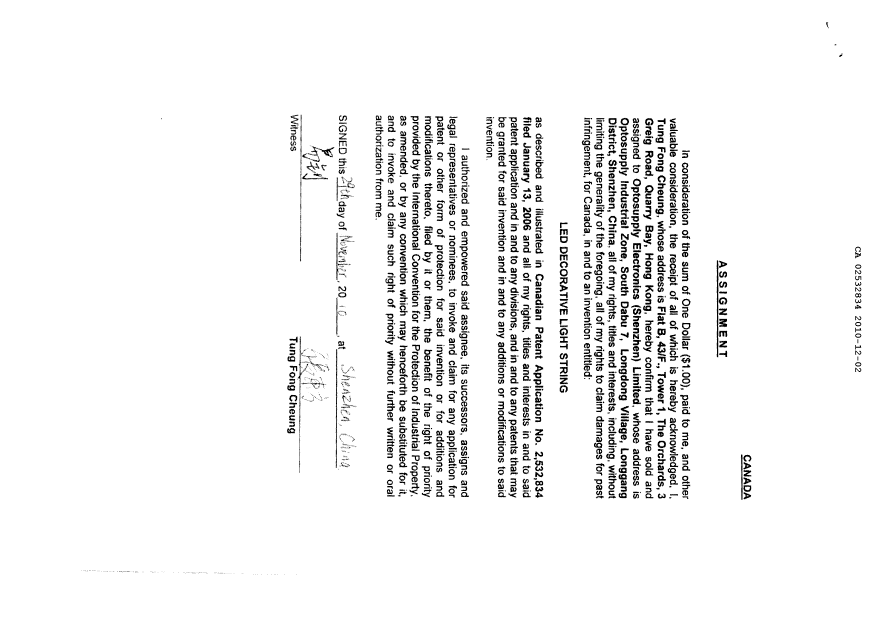 Canadian Patent Document 2532834. Assignment 20101202. Image 3 of 3