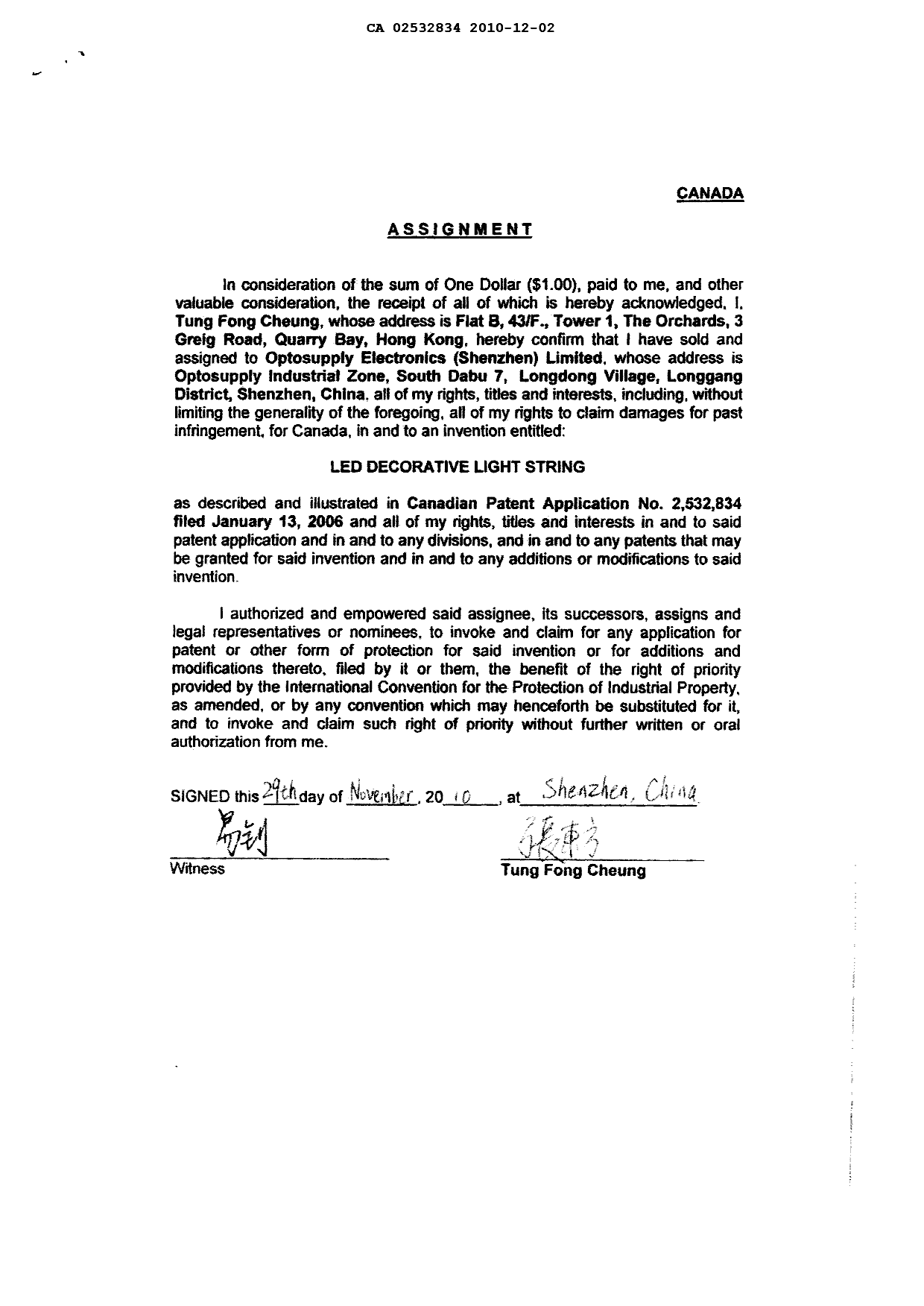 Canadian Patent Document 2532834. Assignment 20101202. Image 3 of 3