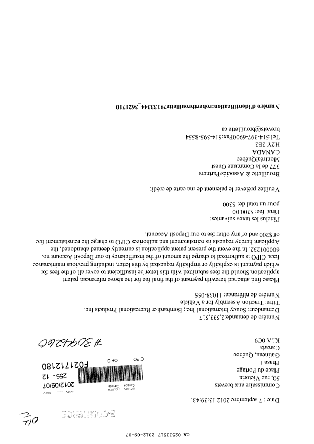 Canadian Patent Document 2533517. Correspondence 20120907. Image 1 of 1
