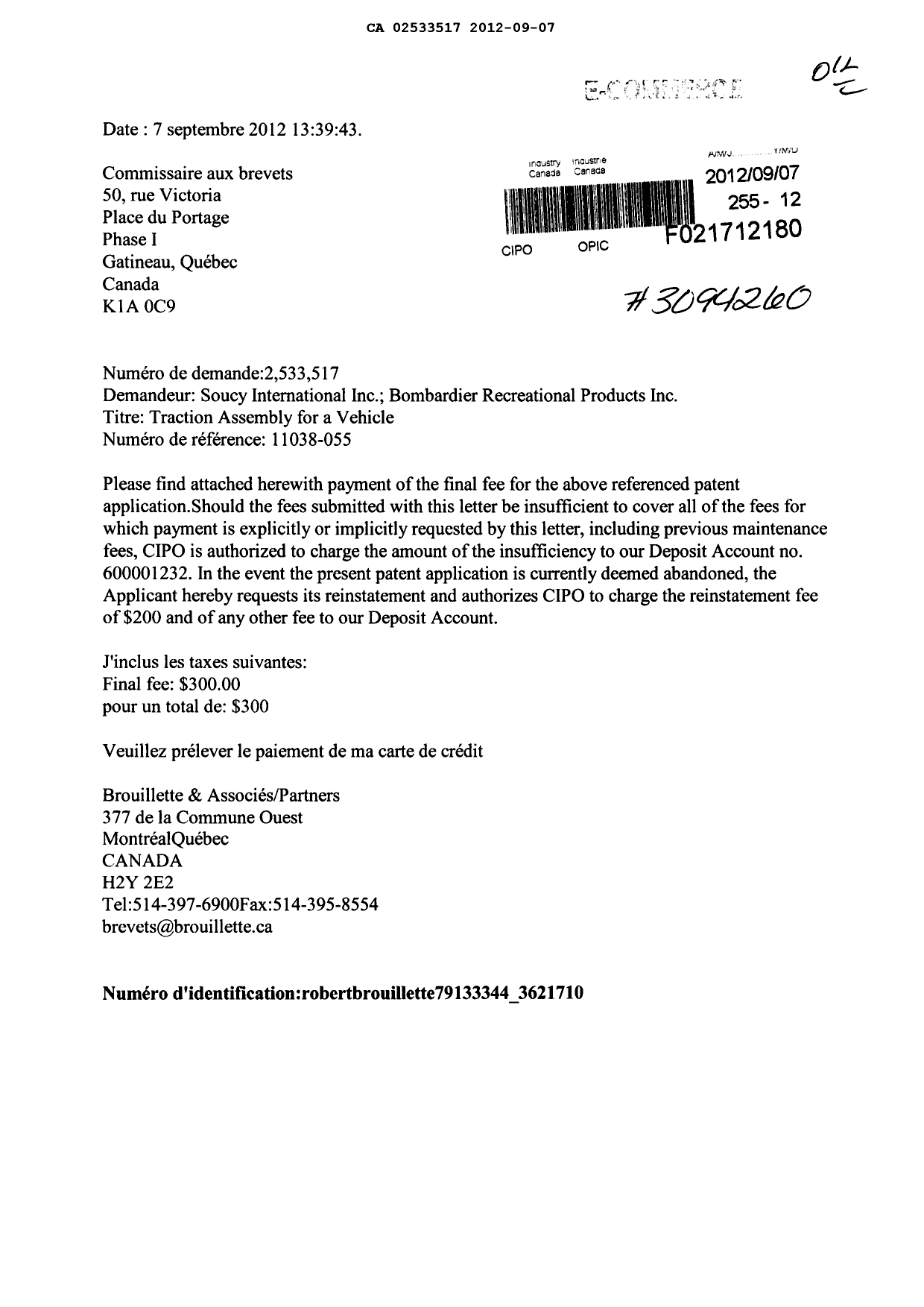 Document de brevet canadien 2533517. Correspondance 20120907. Image 1 de 1