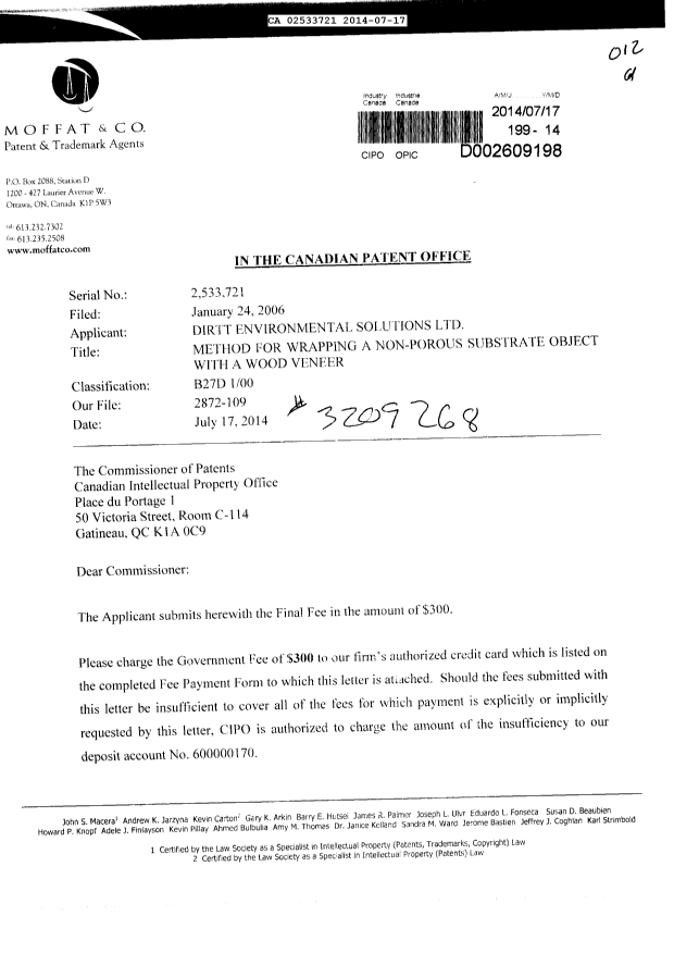 Document de brevet canadien 2533721. Correspondance 20140717. Image 1 de 2