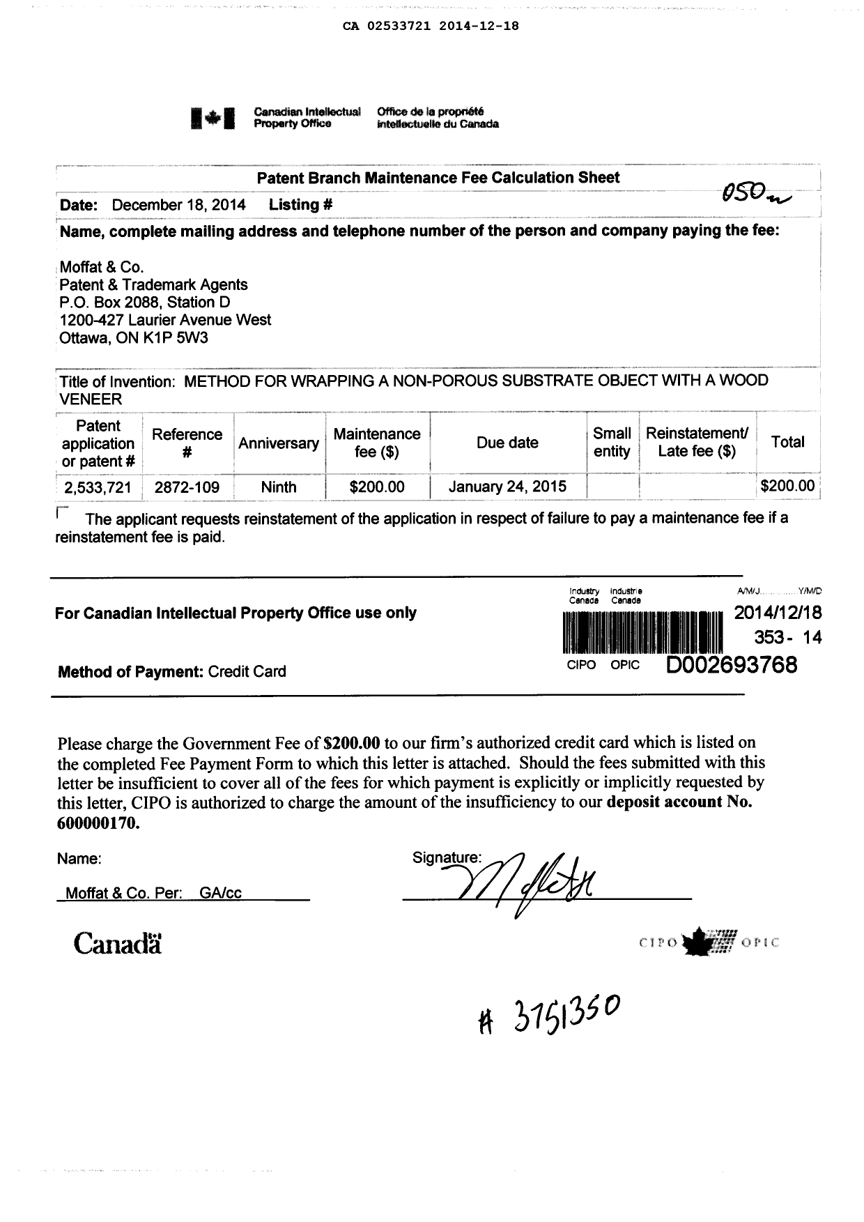 Document de brevet canadien 2533721. Taxes 20141218. Image 1 de 1