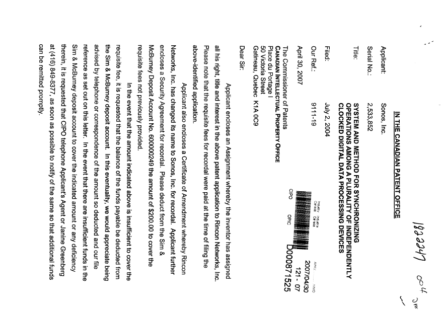 Document de brevet canadien 2533852. Cession 20070430. Image 1 de 19