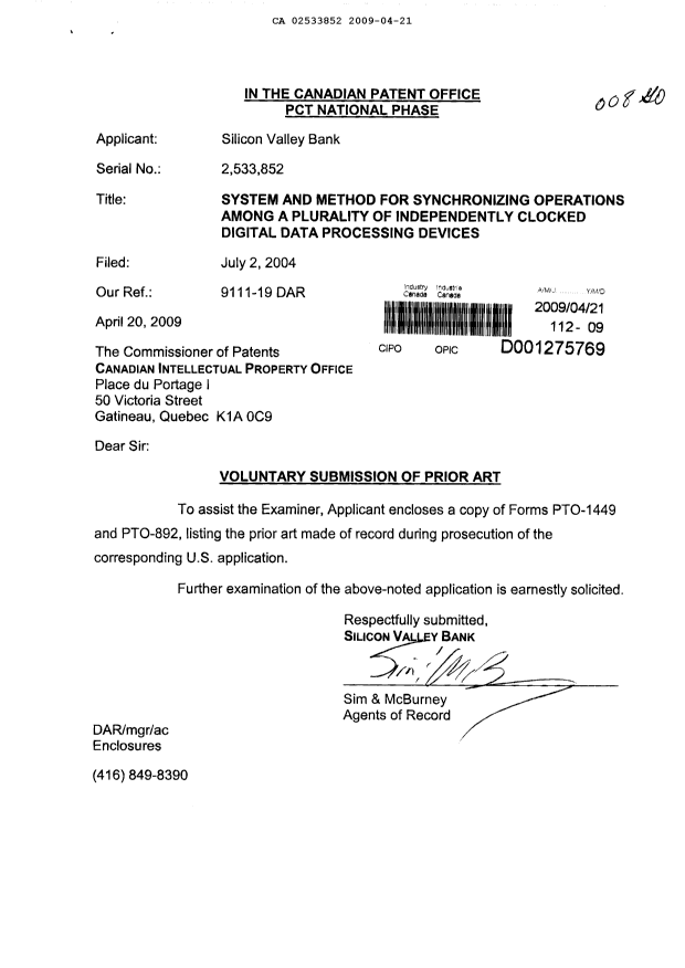 Canadian Patent Document 2533852. Prosecution-Amendment 20090421. Image 1 of 1