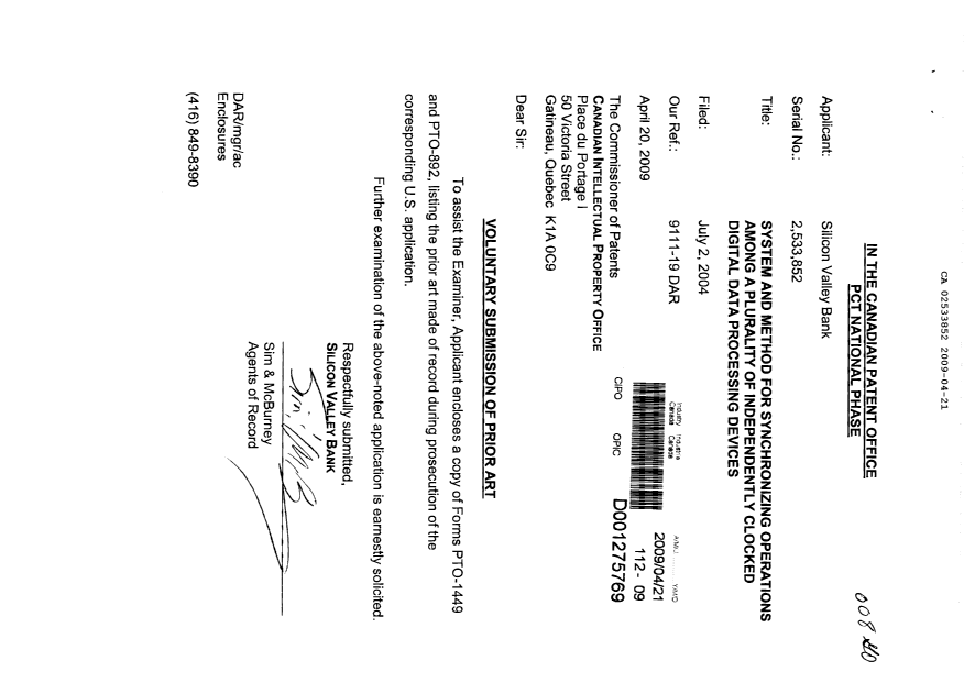 Document de brevet canadien 2533852. Poursuite-Amendment 20090421. Image 1 de 1