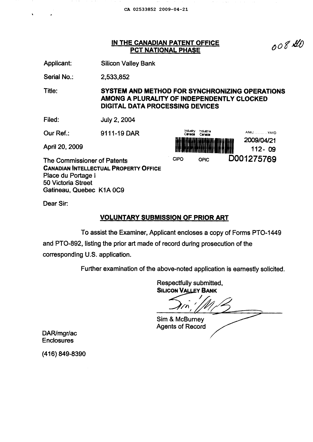 Document de brevet canadien 2533852. Poursuite-Amendment 20090421. Image 1 de 1