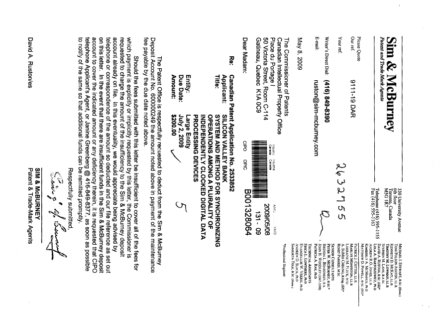Document de brevet canadien 2533852. Taxes 20090508. Image 1 de 1